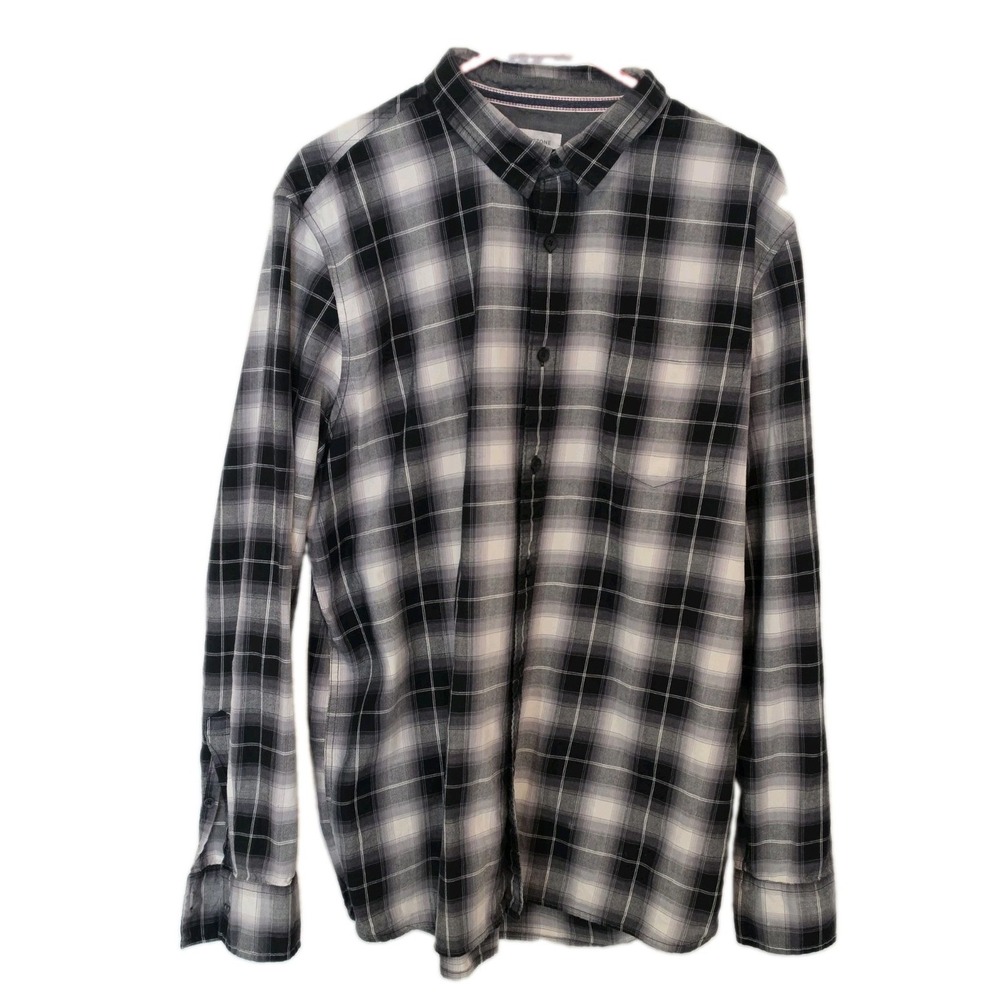 Sun + Stone Mens Plaid Long Sleeve Button Shirt Black and White Flannel Size XL